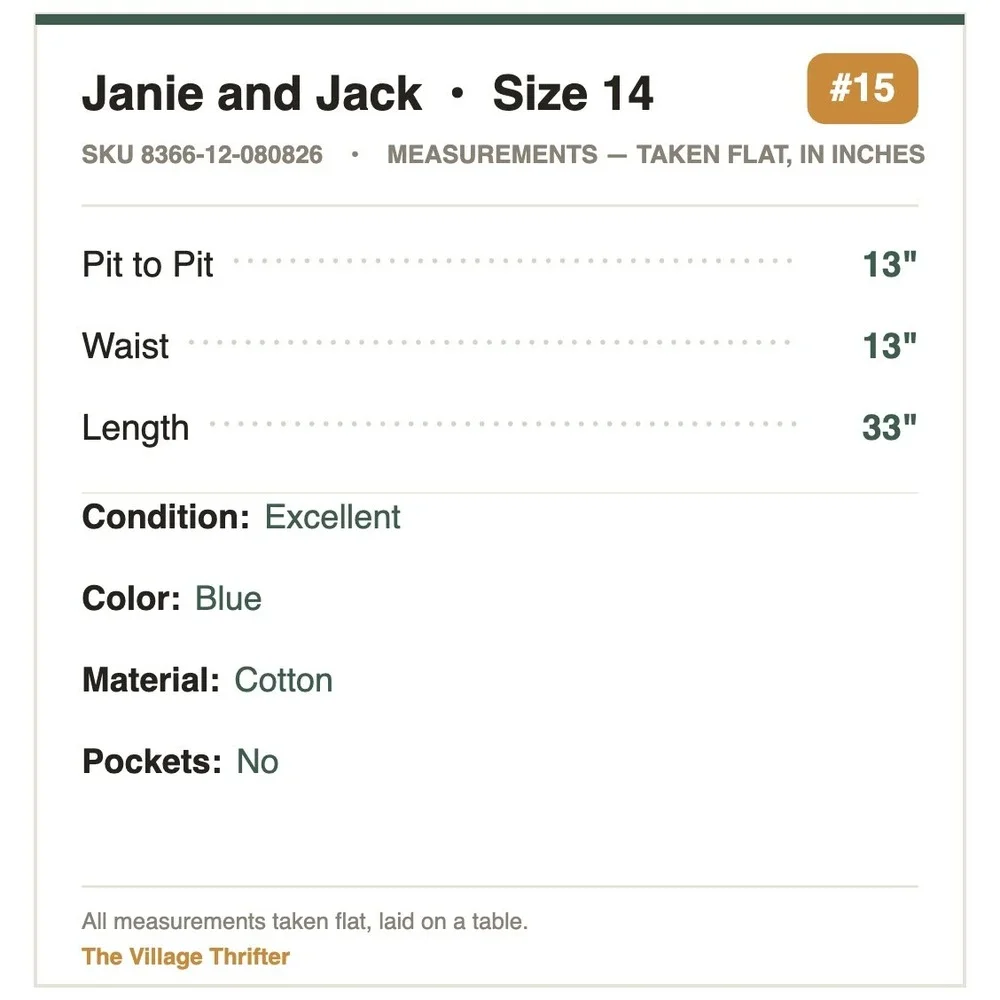Janie and Jack Girls Blue Cotton Smocked Chambray Ruffle Dress Size 14